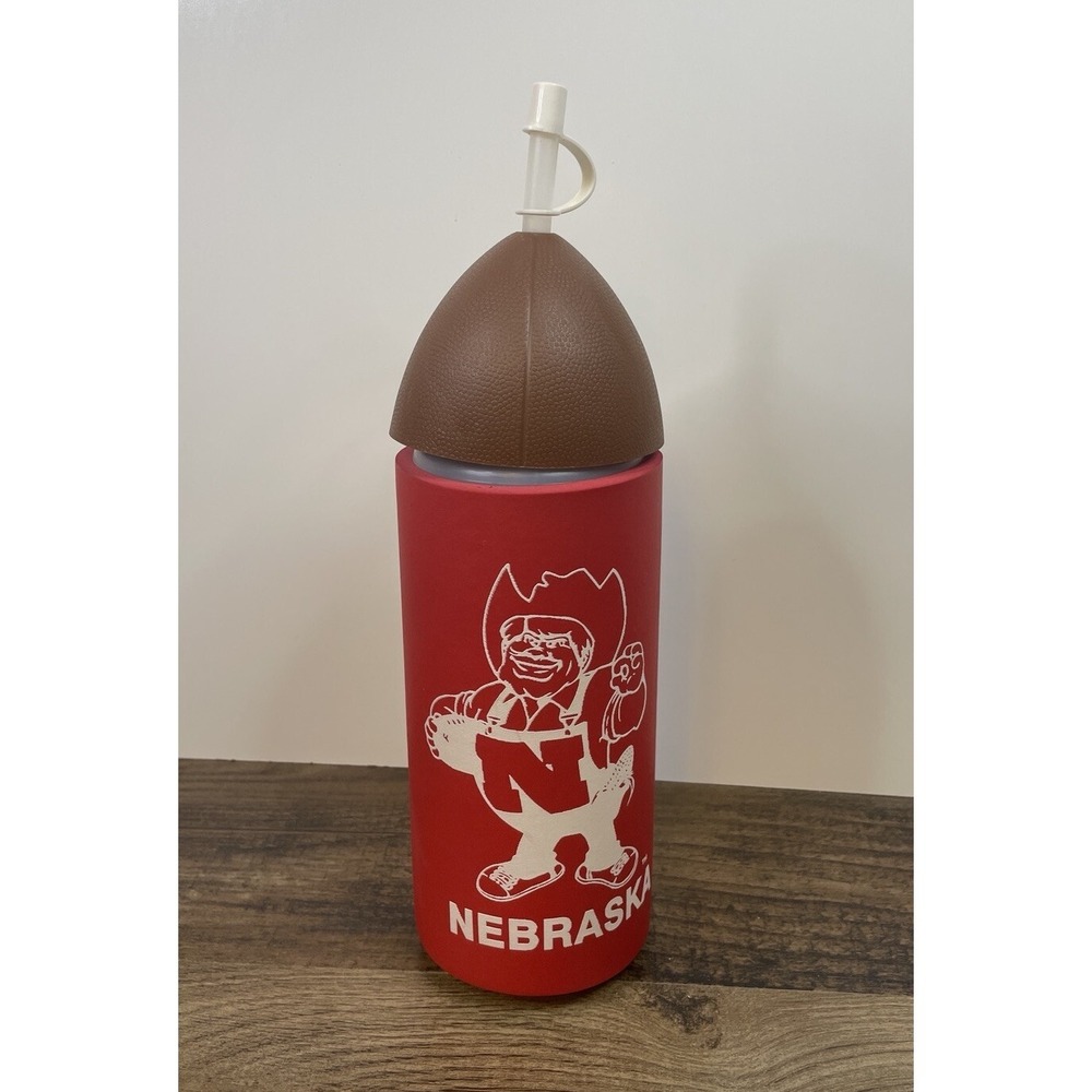 Nebraska Cornhuskers 11" Water Bottle w/straw Football Lid Cover Foam Koozie